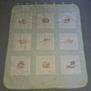 Vintage Wall Hanging Quilt Kittens Cats Embroidered Green and White Cottage